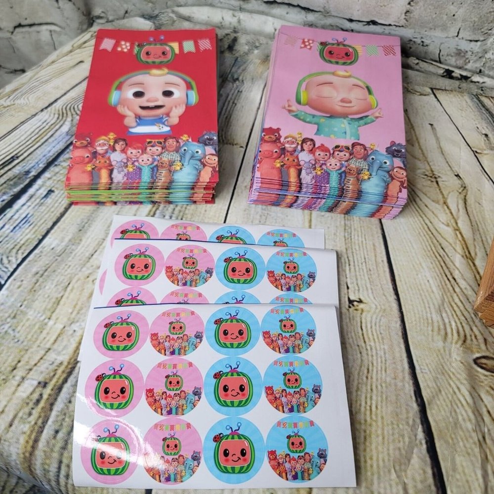 Cocomelon 36 Pc Birthday Party  Supplies Gift Bag Candy Bag w Stickers